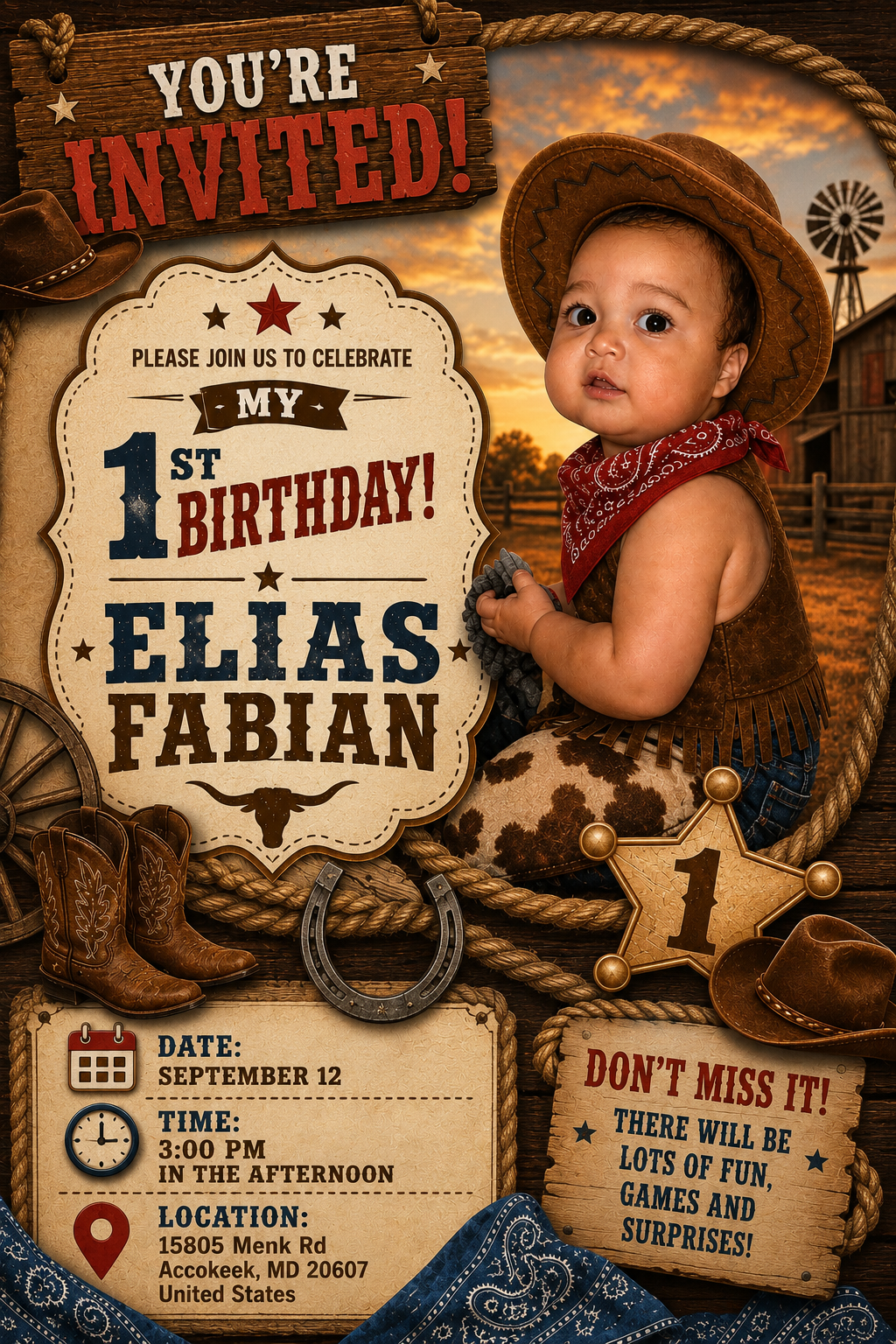 Western cowboy birthday invitation for Elias Fabian